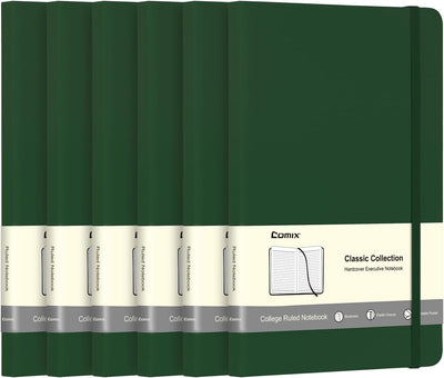 Comix 6 Pack Lined Journal Notebooks for Work, 240 Pages, 5.5"x8.3", Dark Green, Hardcover, A5 Medium College Ruled, Journaling Notebooks for Notes-taking, Fits for Office School Home