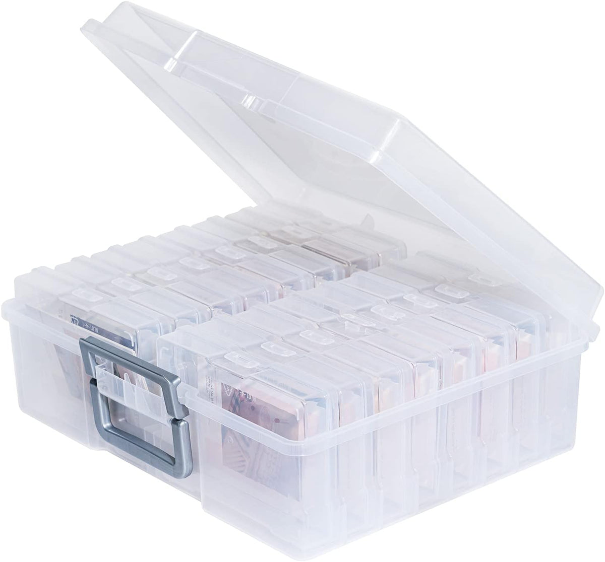 novelinks Clear 4" x 6" Photo Organizer with Handle – 16 Transparent Inner Photo Storage Cases, Portable Picture Keeper & Craft Supply Box – Holds 1600 Photos-Transparent