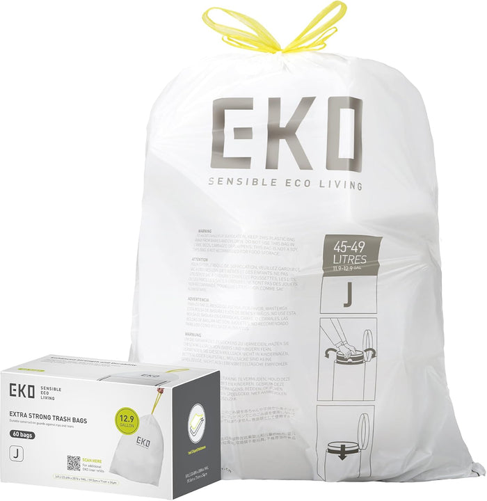 EKO 12.9 Gallon / 45-49 Liter, 110 Count Drawstring Trash Bags, Extra-Strong Unscented Garbage Bags, Easy-Dispense Roll for Kitchen & Household Use, Resists Tears, Leaks and Punctures, Code J, White