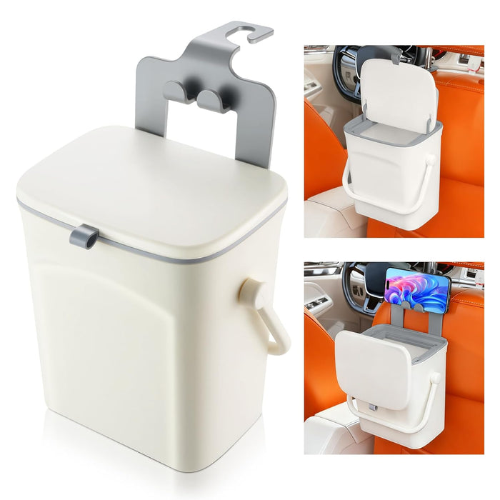 SINGARO Car Trash Can with Lid and Phone Holder, Universal Trash Bin, Waterproof Hanging Vehicle Garbage Can, Leak Proof Organizers and Storage, Car Accessories Interior for Women Men, White