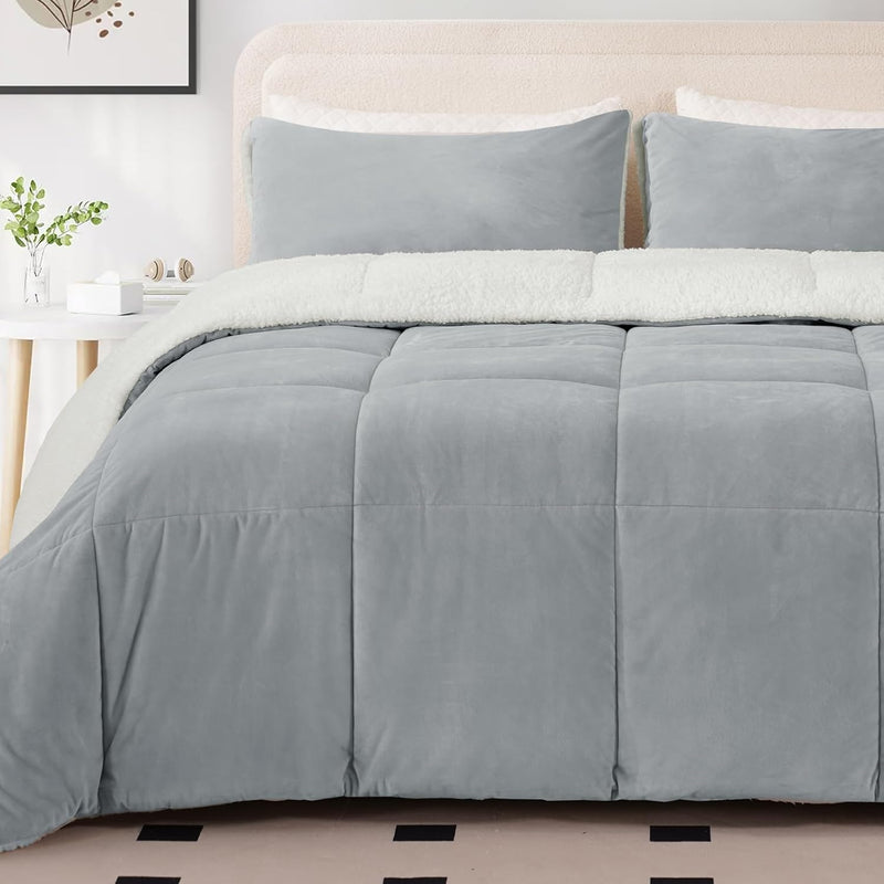 MERITLIFE Fluffy Sherpa Queen Size Bedding Comforter Sets Queen Comforter Set-3 Pieces Bed in a Bag Black Soft Comforter and Pillowcase Luxury Warm Bedding Set for Winter