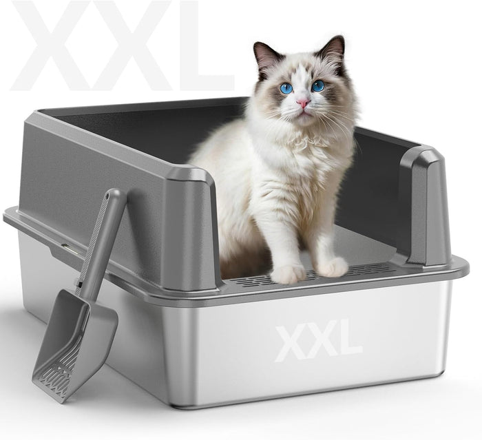 Enclosed Stainless Steel Cat Litter Box with Lid, XL Extra Large Litter Box for Big Cats, Metal Litter Pan High Sided, Never Absorbs Odors, Anti-Urine Leakage, Easy Cleaning, Include Scoop
