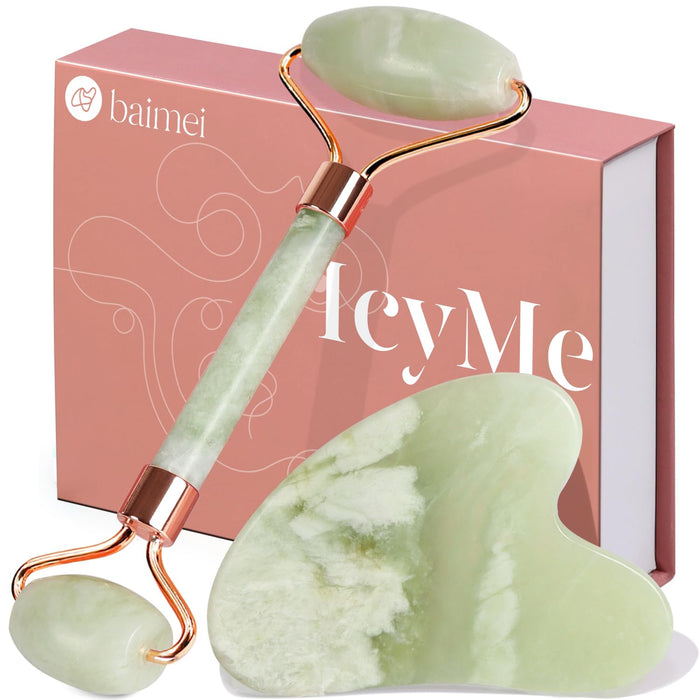 BAIMEI IcyMe Gua Sha & Jade Roller Facial Tools Face Roller and Gua Sha Set for Puffiness and Redness Reducing Skin Care Routine, Self Care Gift for Men Women - Green