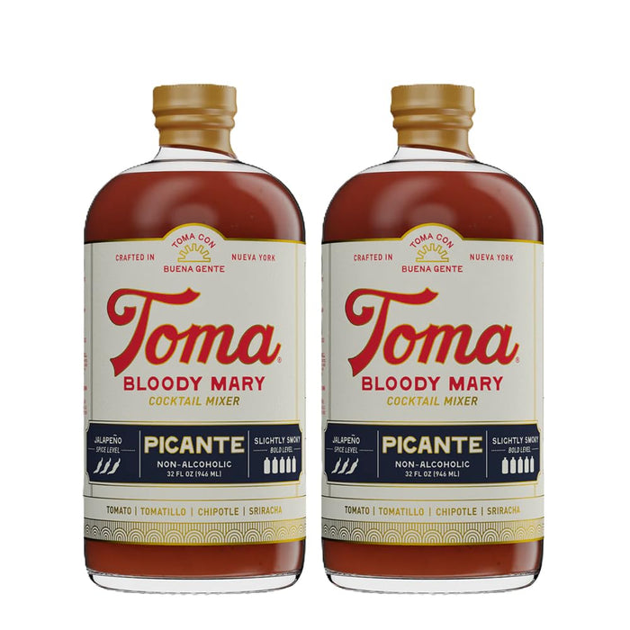 Toma Bloody Mary Mix, Premium Cocktail Mixers for Simple At-Home Hosting for Brunch and Events, All-Natural, Gluten Free, Vegan, No Added Preservatives, PICANTE/CLASICO 32oz (Spicy/Medium), Pack of 2