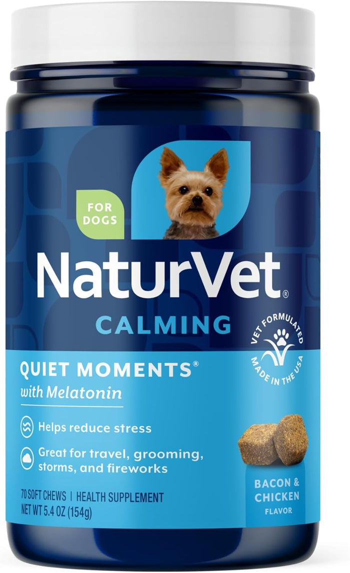 NaturVet Quiet Moments Calming Aid Melatonin Dog Supplement – Helps Reduce Stress in Dogs – for Pet Storm Anxiety, Motion Sickness, Grooming, Separation, Travel – 30 Ct. Tablets