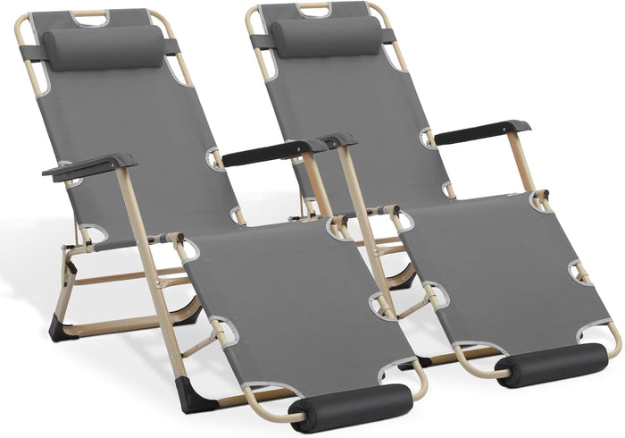 MoNiBloom Patio Lounge Chair Set of 2 Folding Lawn Lounger Outdoor Camp Reclining Chair with Adjustable Headrest for Garden Yard Pool Side, 330lbs Capacity