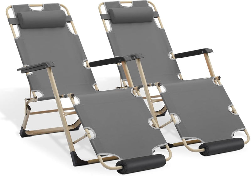 MoNiBloom Patio Lounge Chair Set of 2 Folding Lawn Lounger Outdoor Camp Reclining Chair with Adjustable Headrest for Garden Yard Pool Side, 330lbs Capacity