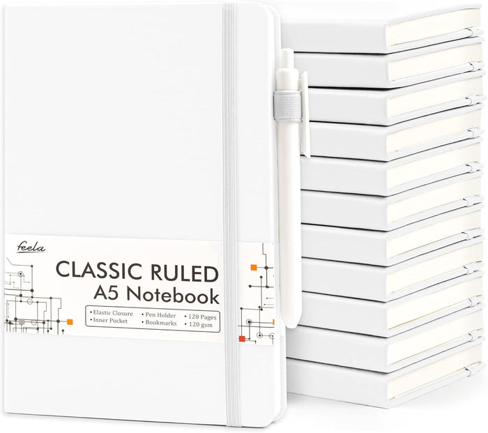 12 Pack Notebooks Journals Bulk with 12 Black Pens, Feela A5 Hardcover Notebook Classic Ruled Journal Set with Pen Holder for School Business Work Travel Writing, 120 GSM, 5.1”x8.3”, Navy