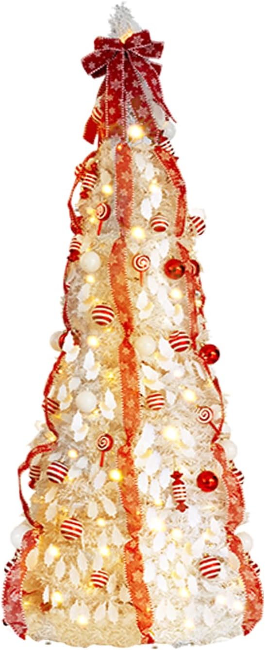 VINGLI 6ft Pre lit Pop Up Christmas Tree with Lights, Pre-Decorated Artificial Pencil Xmas Tree Collapsible Christmas Tree Holiday Party Decorations (Red&Gold)