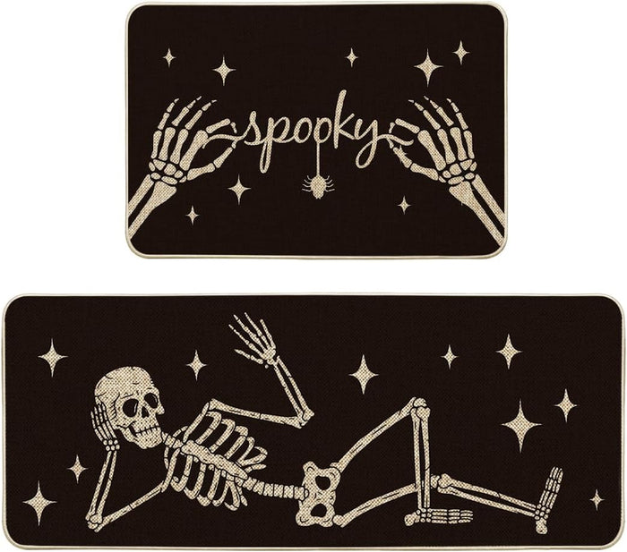 Artoid Mode Spooky Skeleton Spider Bone Black Halloween Kitchen Mats Set of 2, Black Home Decor Low-Profile Kitchen Rugs for Floor - 17x29 and 17x47 Inch