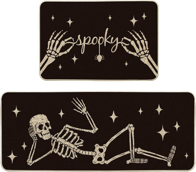 Artoid Mode Spooky Skeleton Spider Bone Black Halloween Kitchen Mats Set of 2, Black Home Decor Low-Profile Kitchen Rugs for Floor - 17x29 and 17x47 Inch