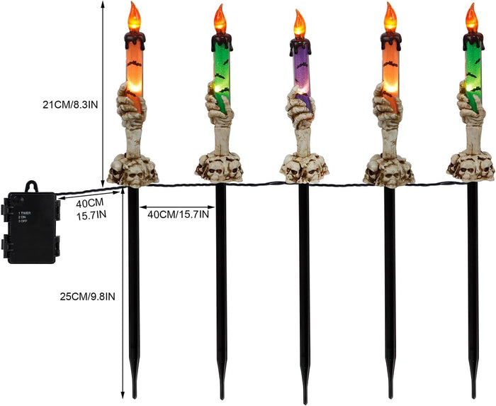 WATERGLIDE Halloween Candle Light Stakes, 5 Pack Skeleton Hands Hold Lighted Candle Pathway Makers, Waterproof Battery Operated with Timer, Light Up Figurine for Indoor Outdoor Holiday Party