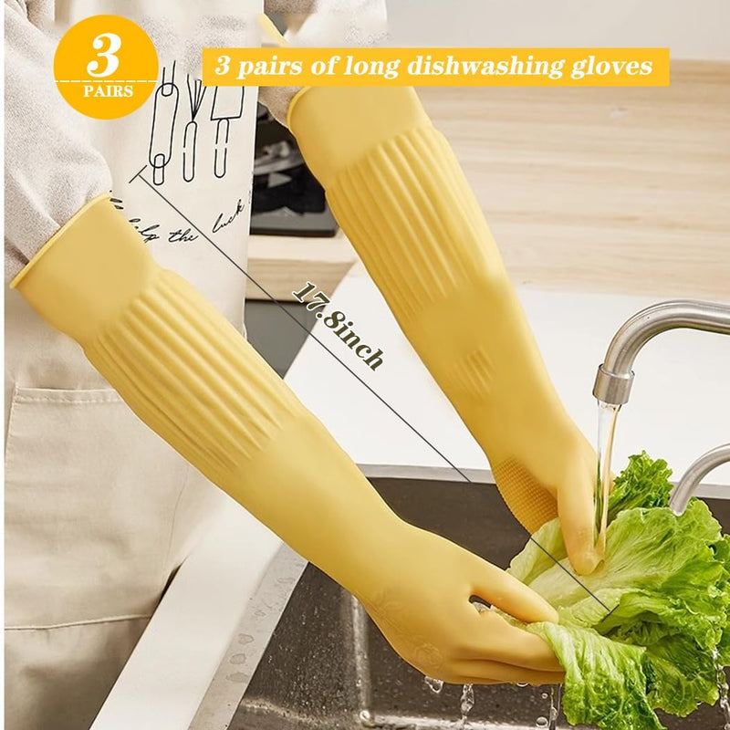 6 - Pair 17.8 - Inch Elbow - Length Reusable Rubber Waterproof Household Cleaning and Kitchen Dishwashing Gloves - Small Size