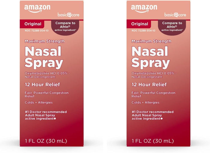 Amazon Basic Care Maximum Strength 12 Hour Nasal Spray, Oxymetazoline HCl Solution, Congestion Relief, Cold and Allergy Medicine, Decongestant, 1 fl oz (Pack of 1)