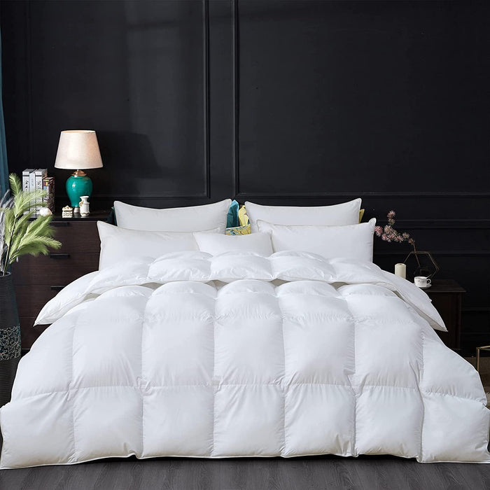 Luxurious All-Season Goose Down Feather Fiber Comforter King Size Duvet Insert, Exquisite Black Pinch Pleat Design, Premium Baffle Box, 100% Egyptian Cotton Cover, 70 oz. Fill Weight, Black