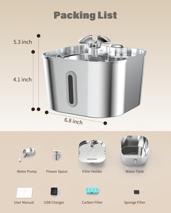 Cat Water Fountain Stainless Steel, 74oz/2.2L Automatic Quiet Cat Drinking Fountain, Indoor Water Dispenser for Cats, Kittens, Small Dogs and Pets, Circulating Pet Water Fountain