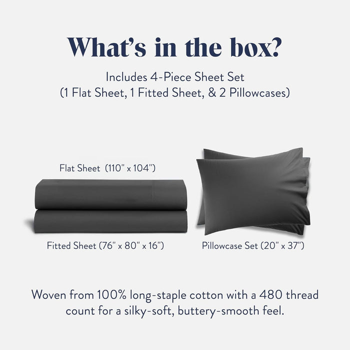 Brooklinen Luxury Sateen 4 Piece Sheet Set - 100% Cotton Bed Sheets, Soft & Durable King Size Sheets Set in Slate Grey, Oeko-TEX Certified Bedding Set, 1 Fitted Sheet, 1 Flat Sheet, 2 Pillowcases