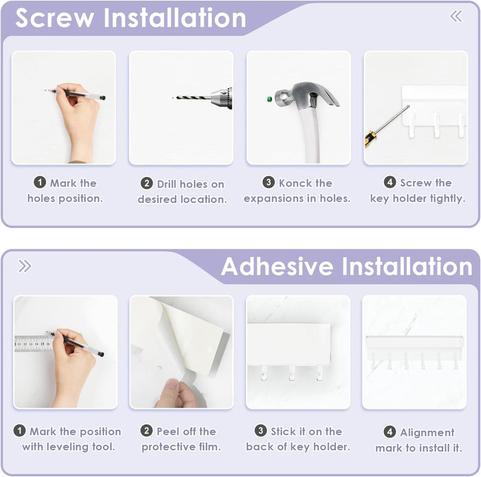 VIS'V Key Holder Wall Mount, Compact Adhesive Key Rack with Tray, 6 Hooks, 2 Mount Options, White