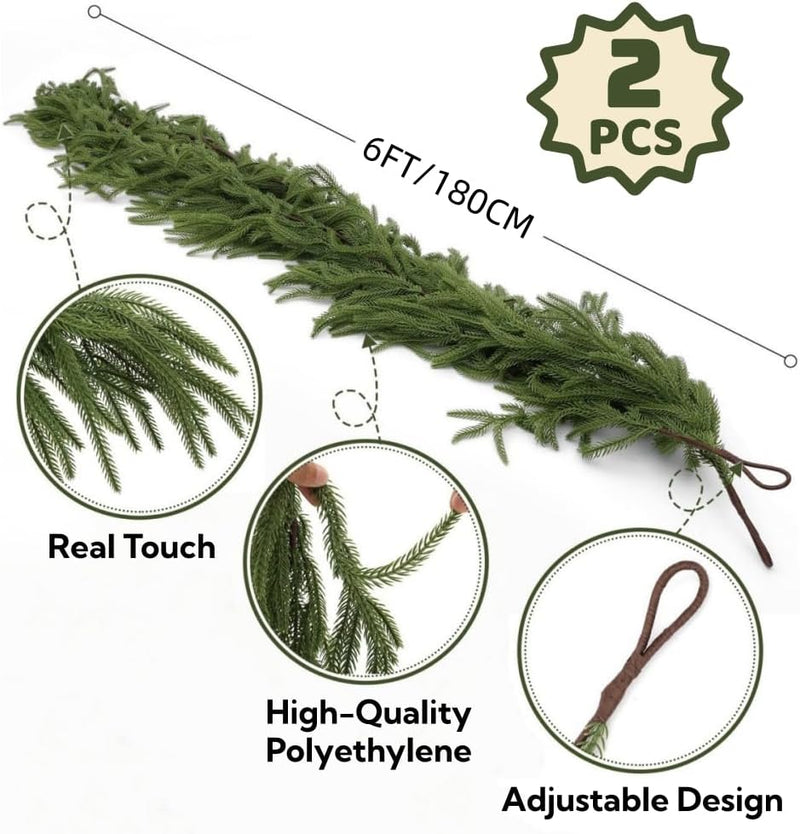 2Pcs 6Ft Artificial Norfolk Pine Garlands Greenery Garland Faux Green Garland for Fireplace Table Mantle Wall Stairs Window Christmas Decoration Indoor Outdoor