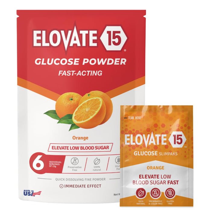 Fast Acting Glucose Powder Packets, Orange - Quick Dissolving, 15g Pure, Gluten-Free Glucose Packets | Oral Dextrose Powder for Kids & Adults | Easy-to-Carry Pocket Sized Slimpaks (Pack of 12)