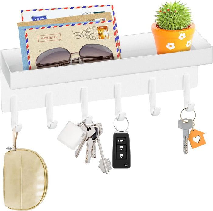 VIS'V Key Holder Wall Mount, Compact Adhesive Key Rack with Tray, 6 Hooks, 2 Mount Options, White