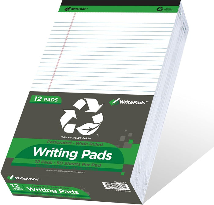 KAISA White Legal Pads 12pads Writing Pads Recycled Paper, 8.5"x11.75" Wide Ruled Perforated 50 sheets Hard Back Notepads 8-1/2"x 11-3/4" Writing Tablet Canary For Office Supplies (Pack of 12pc) KSU-5293