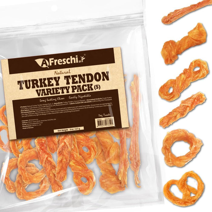AFreschi Turkey Tendons for Dogs, USA-Sourced, Healthy Dog Treats, Rawhide-Free Puppy Chews, Long Lasting, All Natural, Hypoallergenic Dog Treats for Small Breeds, 40 Count Box Bone (S)