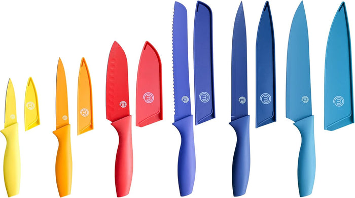 MasterChef Knife Set with Block, 6 Kitchen Knives and a Universal Knife Holder, Extra Sharp Stainless Steel Blades for Precise Cutting with Non Stick Coating & Soft Touch Easy Grip Handles, Black