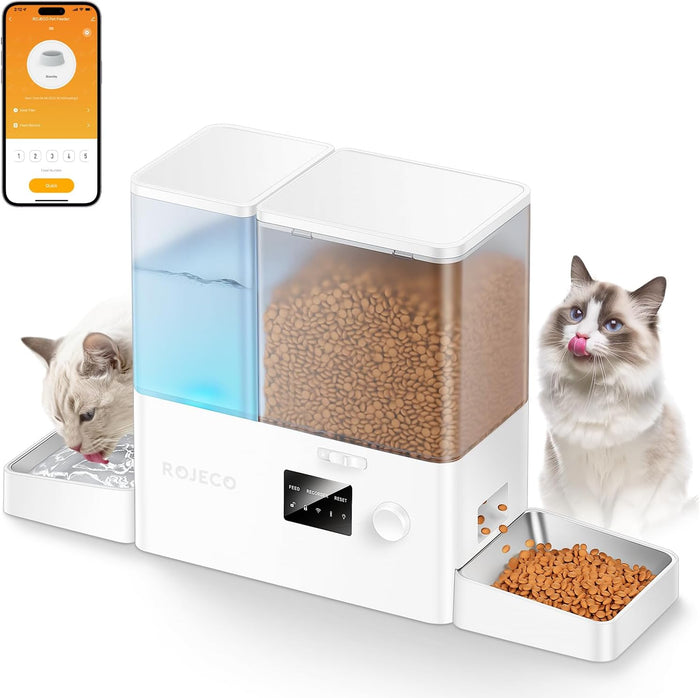 Rojeco 36Cups/8.5L Pet Automatic Cat Feeder and Gravity Water Dispenser,Stainless Steel Bowls 2-in-1 Set Large Capacity 5L Food Feeder and 3.5L Water Fountain for Cats,Pets,Small Dogs,Puppies,Kittens