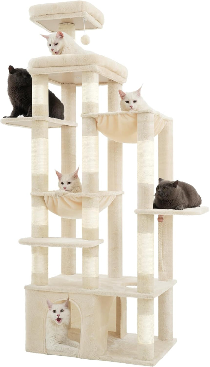 Heybly Cat Tree, 71-Inch Tall Cat Tower for Large Maine Coon Cats with Extra-Large Baseboard, Cat Condo Furniture with Multi-Level Platforms, 2 Hammocks and 12 Scratching Posts, Smoky Gray HCT037G