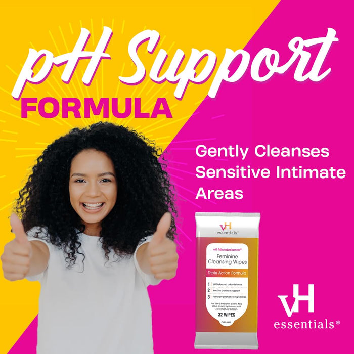 vH essentials Feminine Cleansing Wipes 32 ct. pH Balanced, Prebiotics, Tea Tree & Aloe, Soothing Witch Hazel, Odor-Blocking Formula, Vaginal and Perianal Care, Paraben, Alcohol, and Fragrance-Free