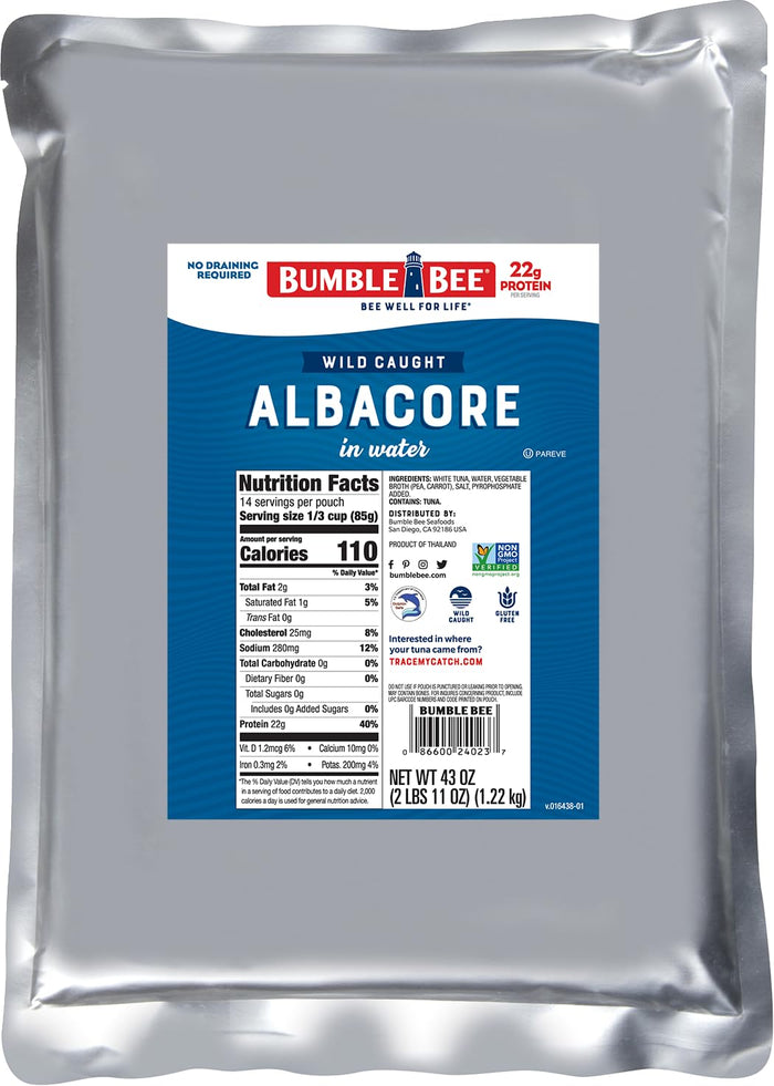 Bumble Bee Chunk White Albacore Tuna in Water, 5 oz Can (Pack of 4) - Wild Caught Tuna - 23g Protein per Serving, High in Omega-3s - Non-GMO Project Verified, Gluten Free, Kosher