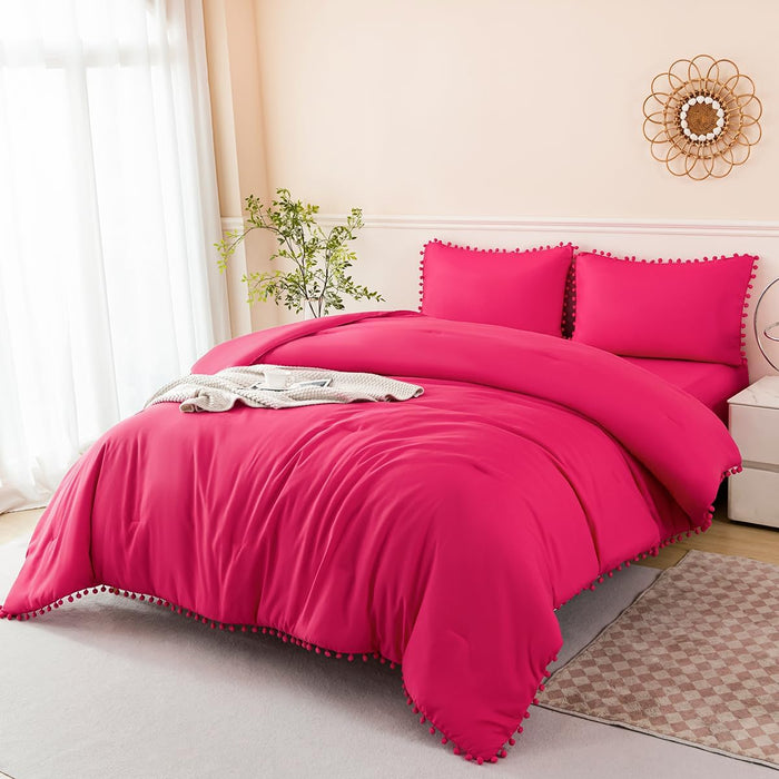 PERFEMET 5 Pcs Pink Pom Pom Comforter Twin Size Aesthetic Boho Pom Fringe Bedding Set with Sheet Ultra Soft Lightweight Farmhouse Bedding Quilt Set for Girls Kids(Pink, Twin)