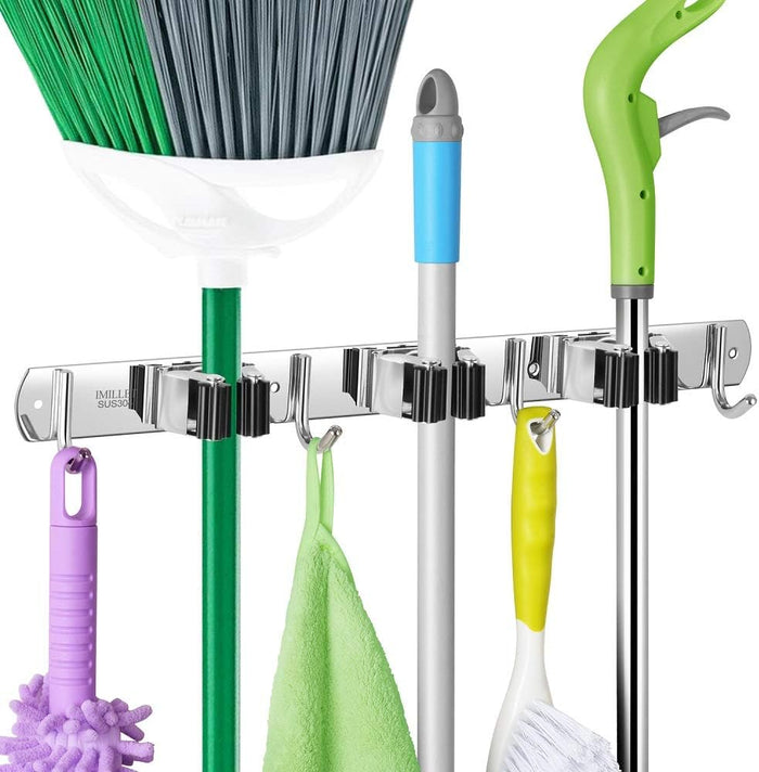 IMILLET Broom Holder Wall Mount, Broom Holder Stainless Steel Heavy Duty Garage Organization Broom Organizer Wall Mount Self Adhesive Laundry Room Organization and Storage（5 Racks and 4 Hooks）