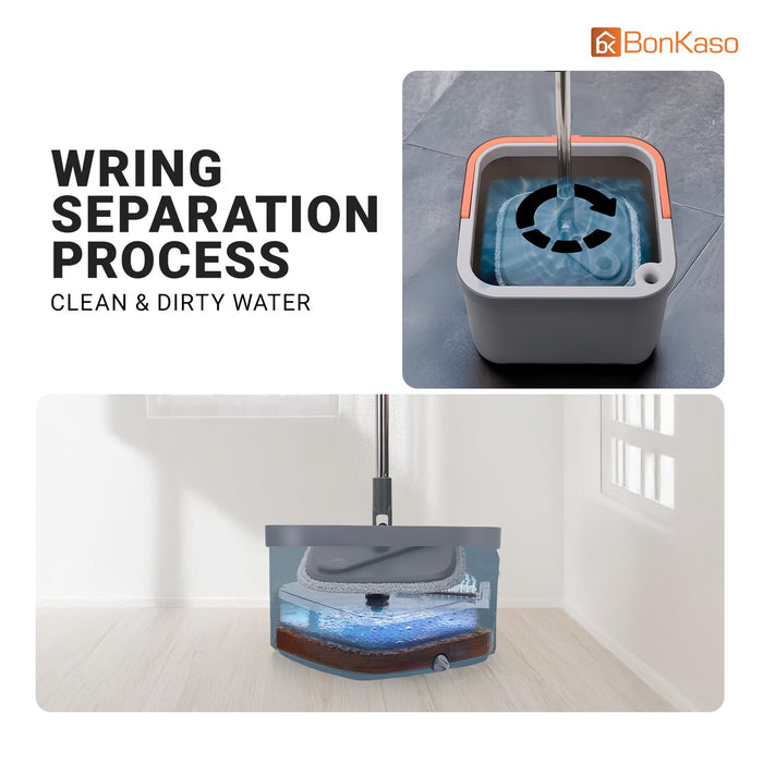 BonKaso 360° Spin Mop with Square Bucket Deluxe System Set and Reusable Microfiber Pads for Wet & Dry Glass, Wall, Tile and Home Floor Cleaning - Grey and Orange