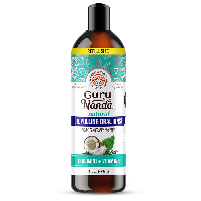 GuruNanda CocoMint Oil Pulling Mouthwash for Complete Oral Hygiene, 7 Essential Oils & Vitamins for Happy Teeth & Gums & Fresh Breath , Alcohol-Free, 8 oz