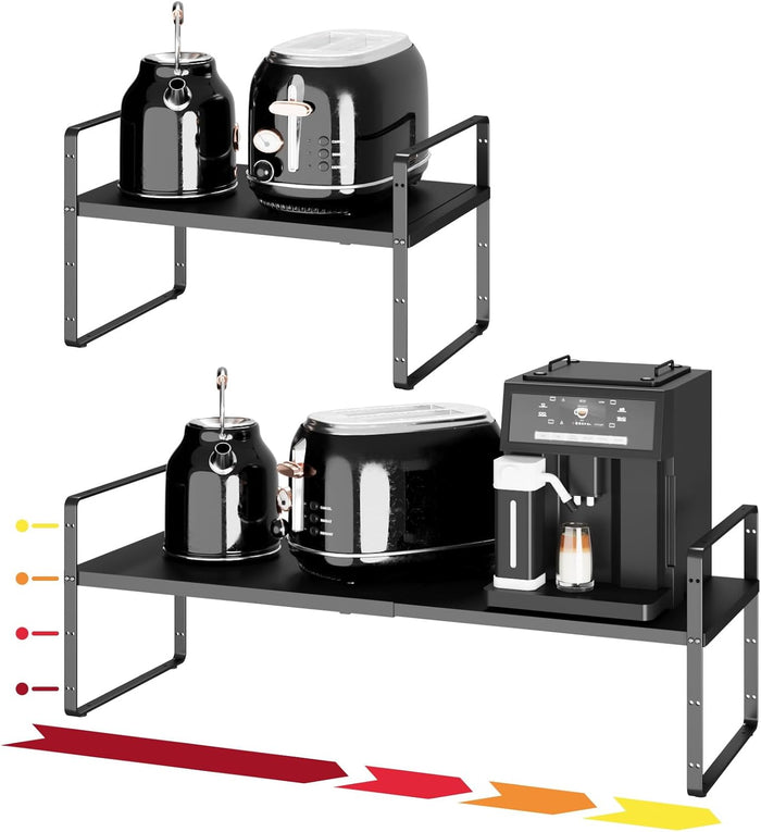 16.5~27.1" Expandable Shelf Organizer, 2Pack 8.1" Wide Stackable Cabinet Shelf Organizers, White Metal Sturdy Kitchen Counter Storage for Countertop, Adjustable Height Spice Rack