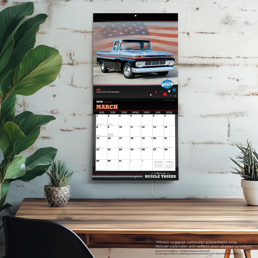 American Muscle Trucks OFFICIAL | 2026 12 x 24 Inch (Hanging) Monthly Square Wall Calendar | Foil Stamped Cover | Plastic-Free | BrownTrout | USA Motor Ford Chevrolet Dodge GMC