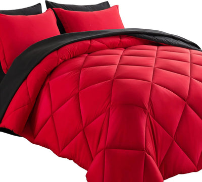 Cosybay Bed in a Bag Queen Reversible Comforter Sets 7pcs All Season Down Alternative Bedding Sets Red and Black with Comforter, Pillow Shams, Flat Sheet, Fitted Sheet and Pillowcase