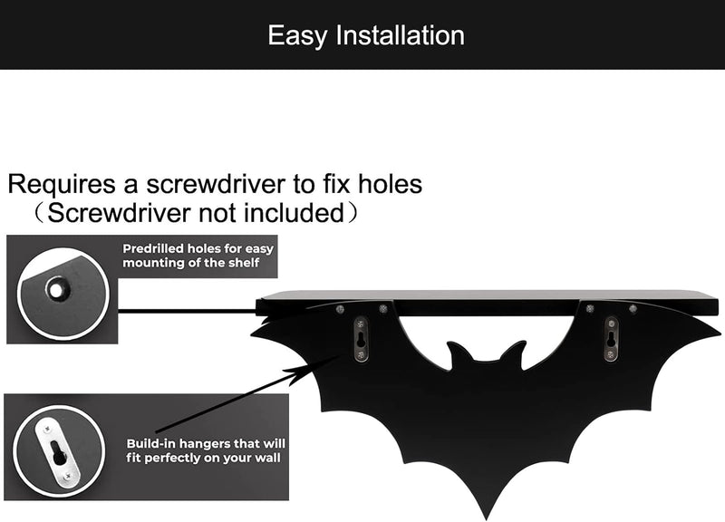 Bat Shelf Black Hanging Shelves Floating Shelves with 3 Key Hooks