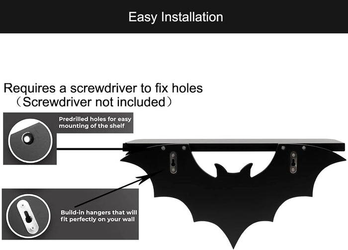Bat Shelf Black Hanging Shelves Floating Shelves with 3 Key Hooks