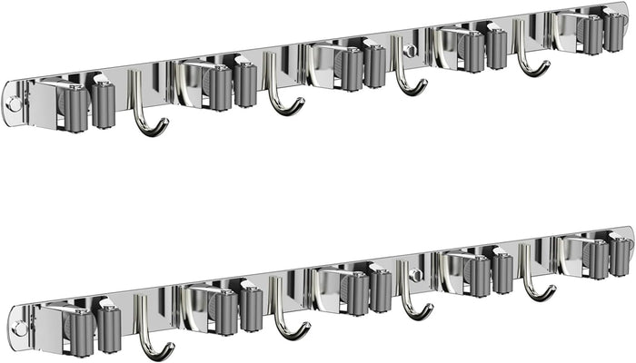Mop and Broom Holder Wall Mount, Upgraded Broom Organizer Wall Mount, Stainless Steel Broom Hanger Wall Mount for Home Kitchen Garden Laundry Garage (3 Racks with 4 Hooks)