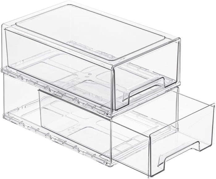 PeJeyiee 2 Pack Stackable Pull-Out Storage Drawers，Plastic Clear Organizer Bins with Handles，Easily Clean for Kitchen Undersink，Craft, and Toy Organization，Fridge，Closet, Pantry, Office, Bathroom
