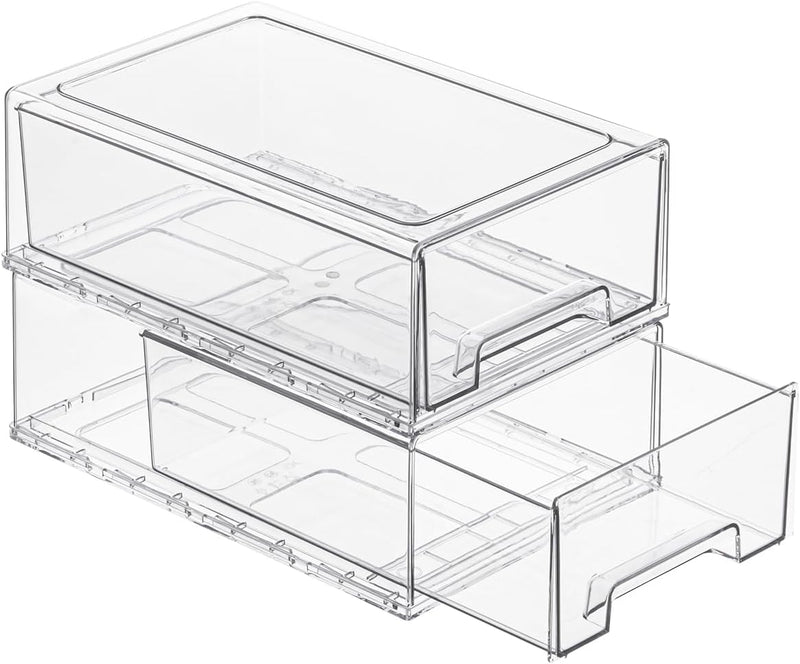 PeJeyiee 2 Pack Stackable Pull-Out Storage Drawers，Plastic Clear Organizer Bins with Handles，Easily Clean for Kitchen Undersink，Craft, and Toy Organization，Fridge，Closet, Pantry, Office, Bathroom