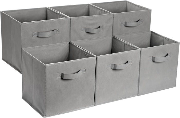Amazon Basics Collapsible Fabric Storage Cubes Organizer with Handles, Sturdy, Beige, 10.5-x-10.5-x-11-inch, Pack of 6