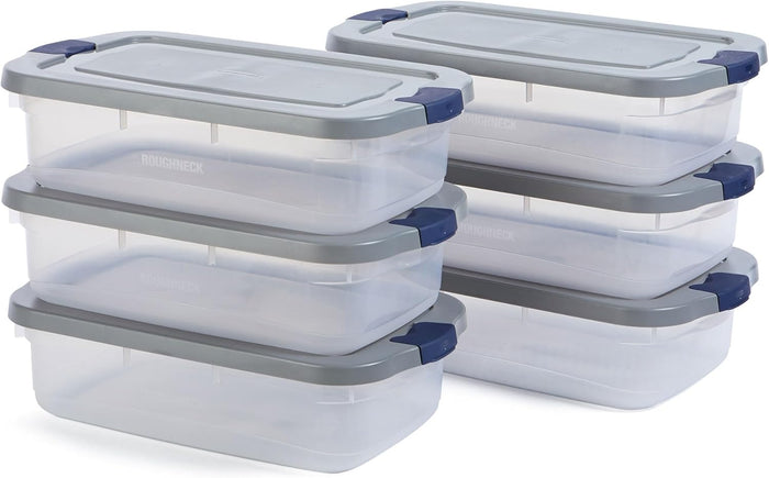 Rubbermaid Roughneck Clear 95 Qt/23.75 Gal Storage Containers, Pack of 4 with Latching Grey Lids, Visible Base, Sturdy and Stackable, Great for Storage and Organization