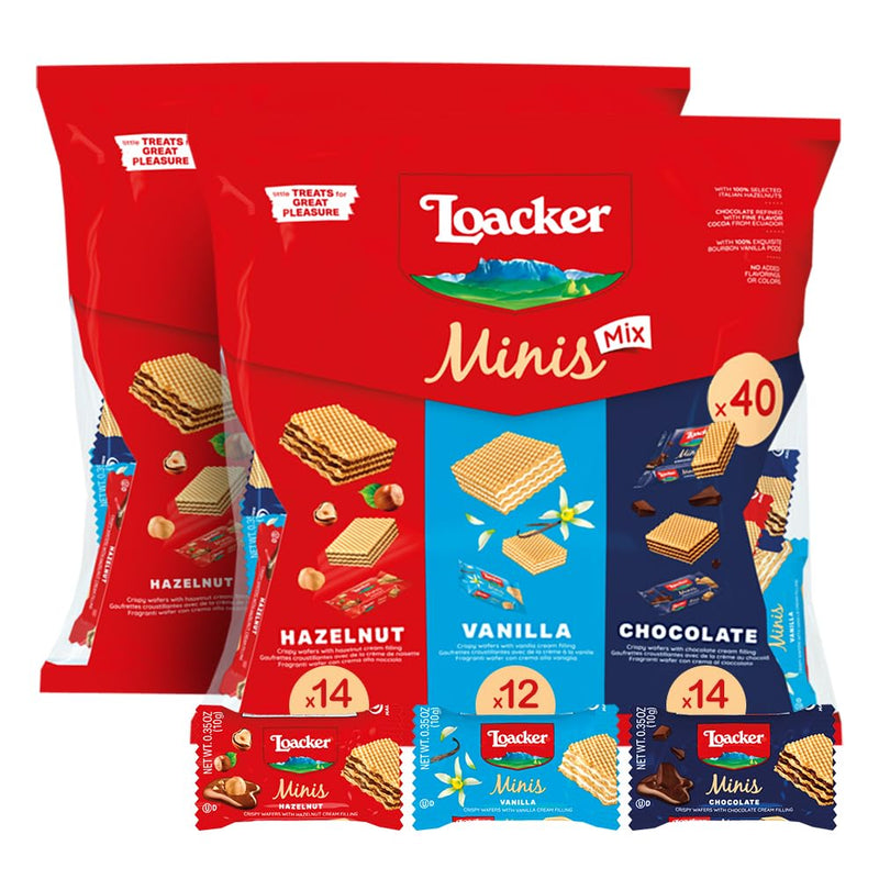 Loacker Minis Wafer Variety Pack - 30% Less Sugar - Premium Cream Filled Wafer Cookies - Mix of Hazelnut, Chocolate and Vanilla - NON-GMO - Sustainably Sourced - 40 Individually Wrapped Snack Packs
