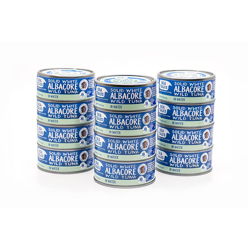 Sea Tales Solid White Albacore Canned Tuna in Water - No Salt Added - 100% Pole & Line Wild Sustainably Caught - BPA Free - High Protein Food - Keto Friendly - 5 oz. Cans (Pack of 12)