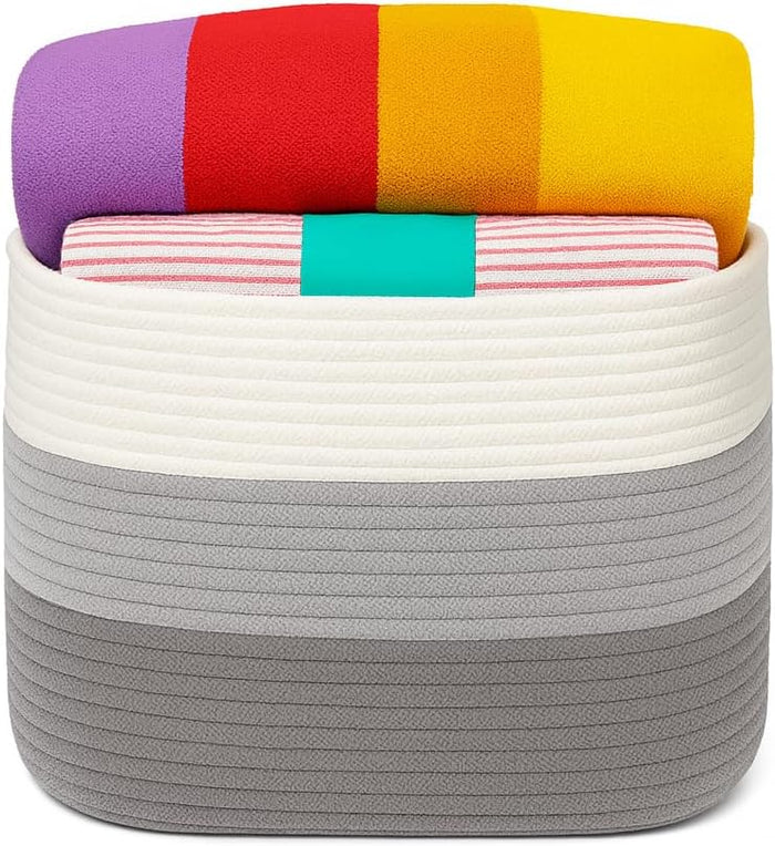 Basket, Set of 2 Medium Cotton Rope 15.3"x 9.8"x9.6" Woven Storage Basket for Baby Laundry, Blankets & Toys, Deco Rope Basket with Side Handle Slots for Nursery, Bedroom & Home Organization - Set of 2