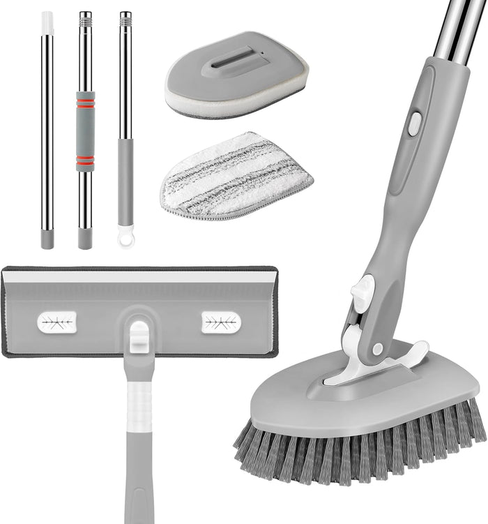 SetSail Floor Scrub Brush, 3-In-1 Tile Tub Floor Scrubber with 52-inch Adjustable Long Handle Shower Cleaner and 3 Detachable Replacement Brush Heads for Cleaning Bathroom Kitchen Walls Tub Tile